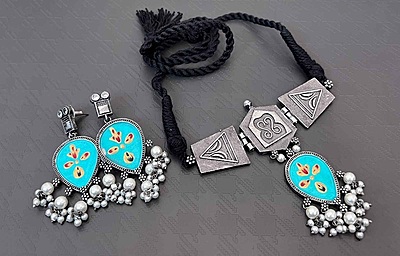 Oxidised Silver Plated Choker Set - 2