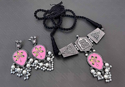 Oxidised Silver Plated Choker Set - 4