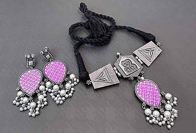 Oxidised Silver Plated Choker Set - 5