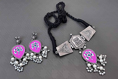 Oxidised Silver Plated Choker Set - 7