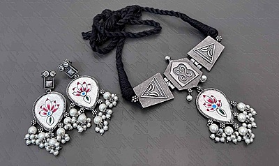 Oxidised Silver Plated Choker Set - 8