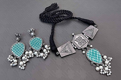 Oxidised Silver Plated Choker Set - 9