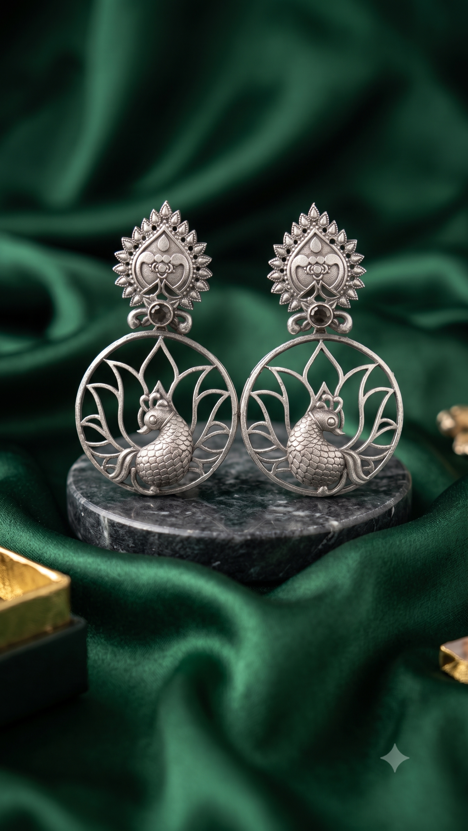 Oxidized Silver Peacock Drop Earrings