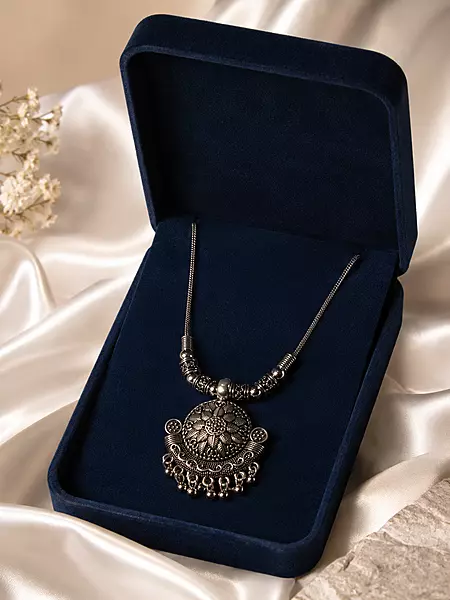 Oxidized Silver-Plated Floral Mandala Pendant Long Necklace for Women