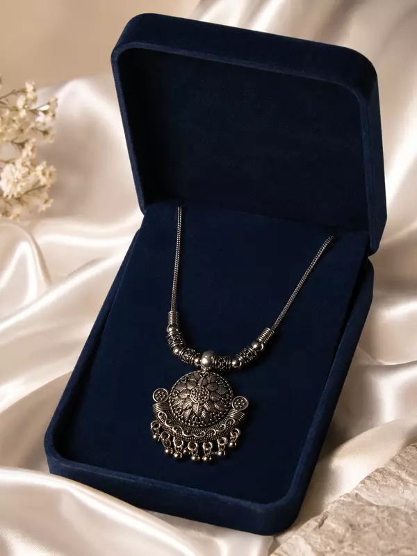 Oxidized Silver-Plated Floral Mandala Pendant Long Necklace for Women