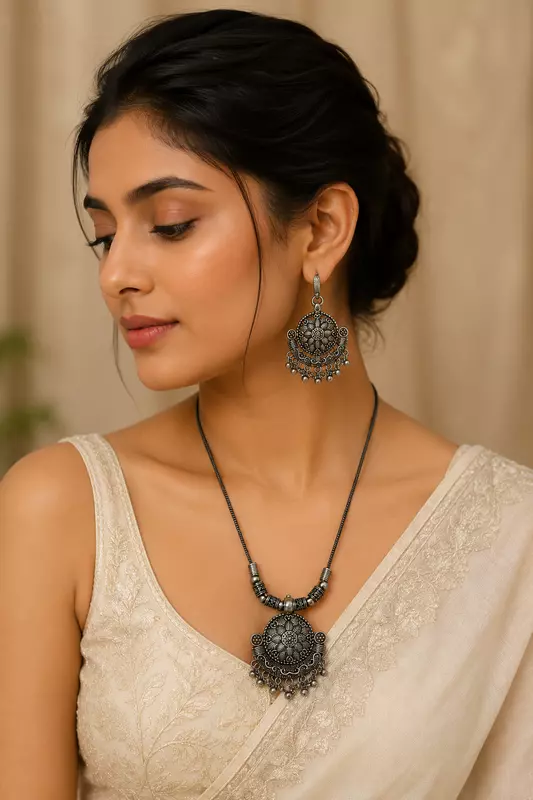 Oxidized Silver-Plated Floral Mandala Pendant Long Necklace for Women