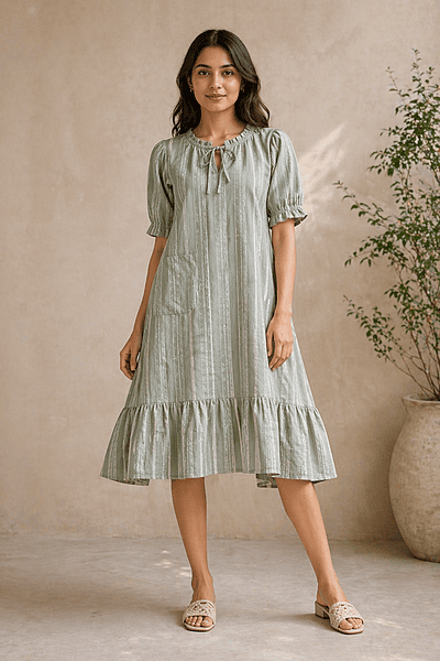 Sage Green Striped A-Line Dress with Tie-Up Neck & Ruffle Hem