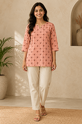 Women's Peach Geometric Printed Cotton Short Top | 3/4 Sleeve Casual Top Women's Peach Geometric Printed Cotton Short Top | 3/4 Sleeve Casual Top