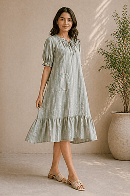 Sage Green Striped A-Line Dress with Tie-Up Neck & Ruffle Hem