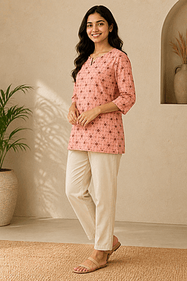 Women's Peach Geometric Printed Cotton Short Top | 3/4 Sleeve Casual Top Women's Peach Geometric Printed Cotton Short Top | 3/4 Sleeve Casual Top