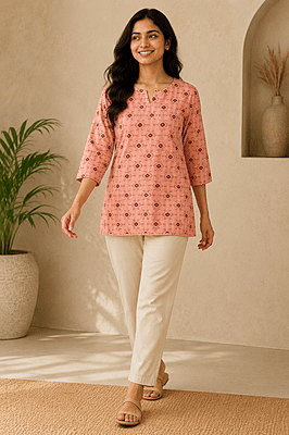 Women's Peach Geometric Printed Cotton Short Top | 3/4 Sleeve Casual Top Women's Peach Geometric Printed Cotton Short Top | 3/4 Sleeve Casual Top
