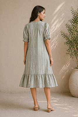 Sage Green Striped A-Line Dress with Tie-Up Neck & Ruffle Hem