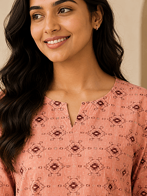 Women's Peach Geometric Printed Cotton Short Top | 3/4 Sleeve Casual Top Women's Peach Geometric Printed Cotton Short Top | 3/4 Sleeve Casual Top