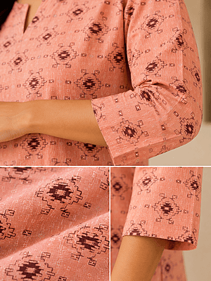 Women's Peach Geometric Printed Cotton Short Top | 3/4 Sleeve Casual Top Women's Peach Geometric Printed Cotton Short Top | 3/4 Sleeve Casual Top