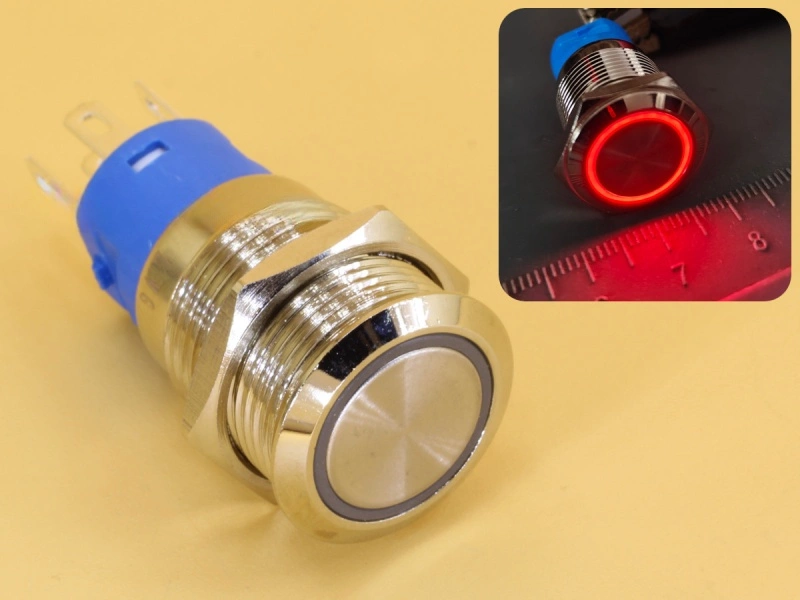 Metal Switch 16mm - Push to ON Momentary - IP65 - Indicator 3-6V DC Red Ring