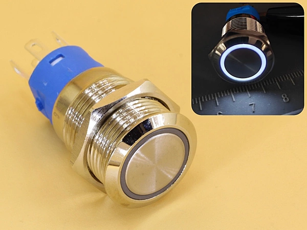 Metal Switch 16mm - Push to ON Momentary - IP65 - Indicator 3-6V DC White Ring
