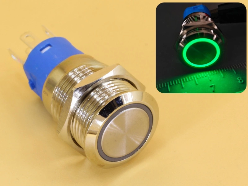 Metal Switch 16mm - Push to ON Momentary - IP65 - Indicator 12-24V DC Green Ring