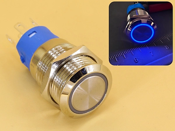 Metal Switch 16mm - Push to ON Momentary - IP65 - Indicator 12-24V DC Blue Ring