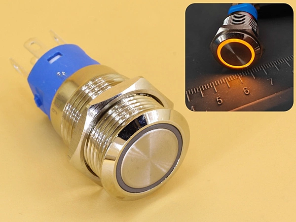 Metal Switch 16mm - Push to ON Momentary - IP65 - Indicator 12-24V DC Yellow Ring