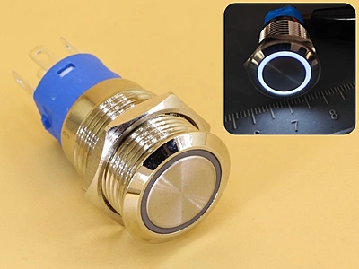 Metal Switch 16mm - Push to ON Momentary - IP65 - Indicator 12-24V DC White Ring