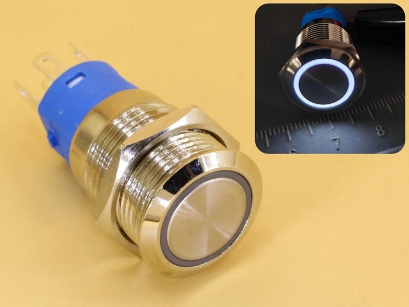 Metal Switch 16mm - Push to ON Momentary - IP65 - Indicator 12-24V DC White Ring