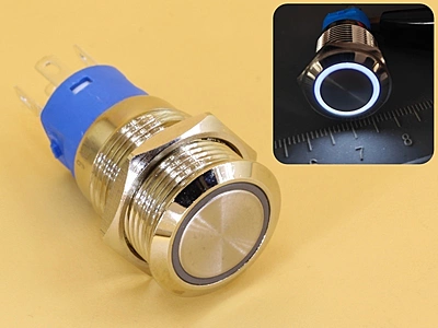 Metal Switch 16mm - Push to ON Momentary - IP65 - Indicator 220V AC White Ring