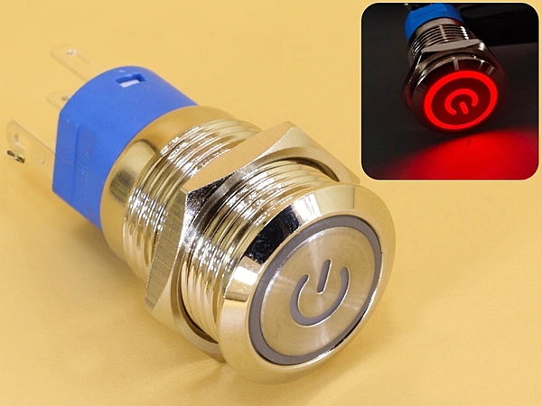 Metal Switch 16mm - Push to ON Momentary - IP65 - Indicator 3-6V DC Red Ring+Power