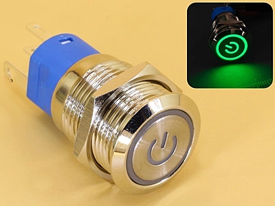Metal Switch 16mm - Push to ON Momentary - IP65 - Indicator 3-6V DC Green Ring+Power