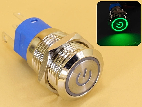 Metal Switch 16mm - Push to ON Momentary - IP65 - Indicator 3-6V DC Green Ring+Power