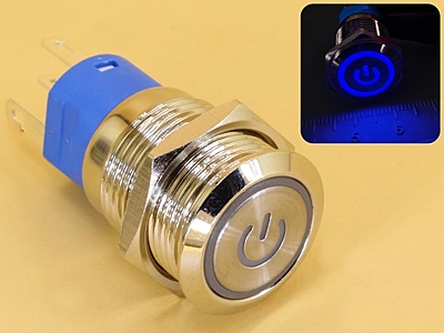 Metal Switch 16mm - Push to ON Momentary - IP65 - Indicator 3-6V DC Blue Ring+Power