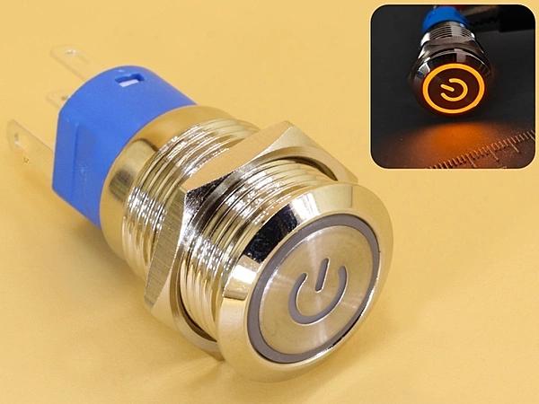 Metal Switch 16mm - Push to ON Momentary - IP65 - Indicator 3-6V DC Yellow Ring+Power