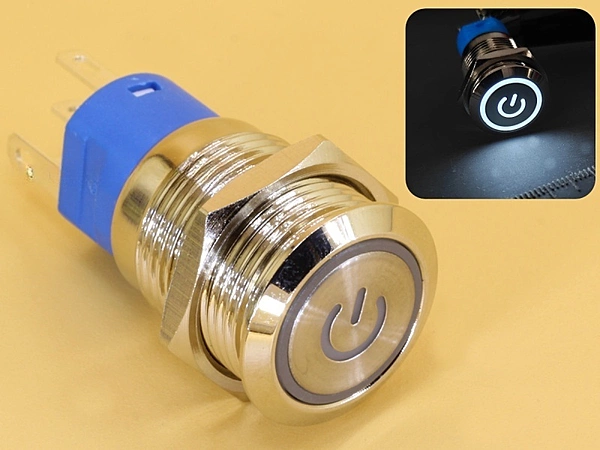 Metal Switch 16mm - Push to ON Momentary - IP65 - Indicator 3-6V DC White Ring+Power