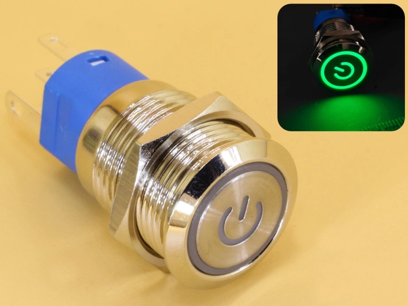 Metal Switch 16mm - Push to ON Momentary - IP65 - Indicator 220V AC Green Ring+Power