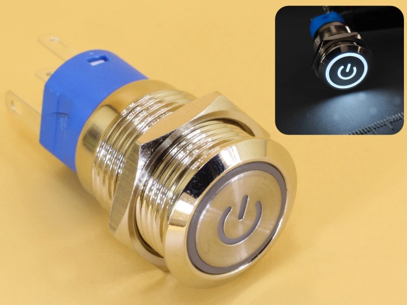 Metal Switch 16mm - Push to ON Momentary - IP65 - Indicator 220V AC White Ring+Power