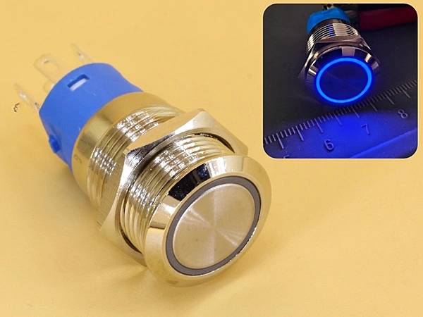 Metal Switch 16mm - Push to ON/OFF Latch - IP65 - Indicator 12-24V DC Blue Ring