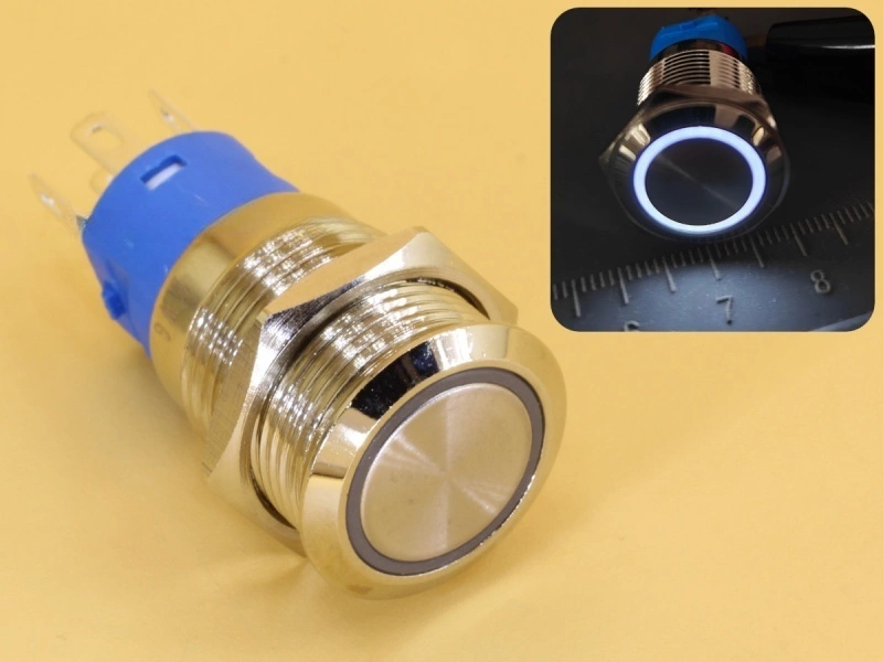 Metal Switch 16mm - Push to ON/OFF Latch - IP65 - Indicator 12-24V DC White Ring