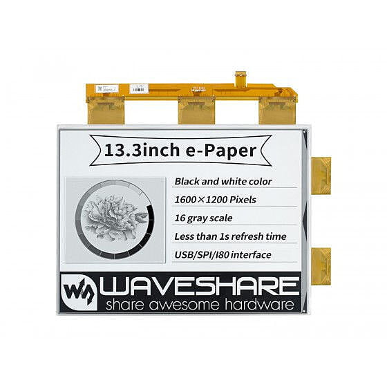 13.3inch e-Paper e-Ink Raw Display, 1600Ã—1200, Black / White, 16 Grey Scales, Parallel Port, Without PCB