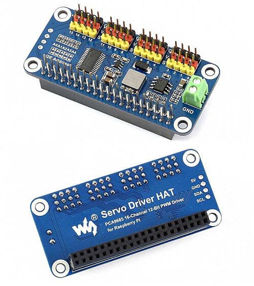 Servo Driver HAT for Raspberry Pi, 16-Channel, 12-bit, I2C - Waveshare