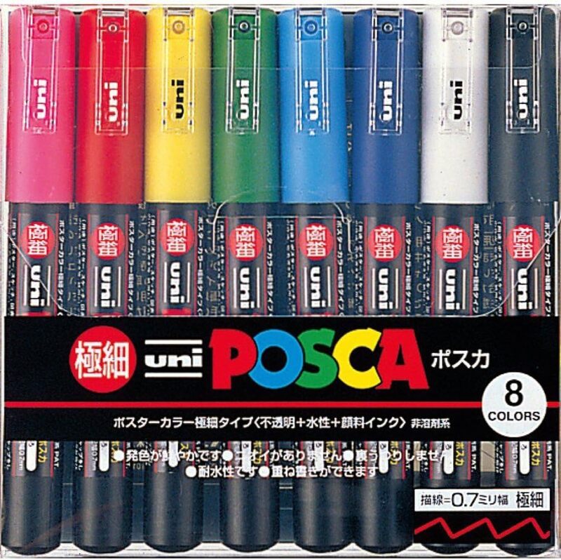 PC1M8C MITSUBISHI UNI POSCA MARKER SET, 1M, 8 ASSORTED COLORS