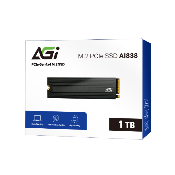 AGI PCIe NVMe M.2 SSD, Gen4x4, DRAM Cache, 3D NAND, Heat Sink, 7420/5100MB/s, AI838-1 TB