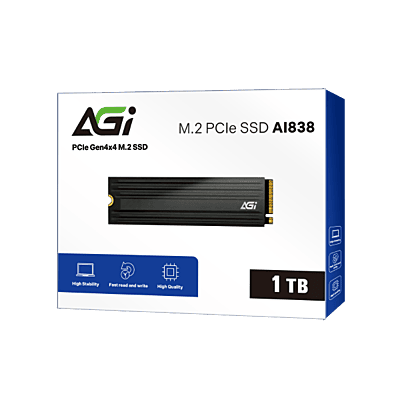 AGI PCIe NVMe M.2 SSD, Gen4x4, DRAM Cache, 3D NAND, Heat Sink, 7420/5100MB/s, AI838-1 TB AGI PCIe NVMe M.2 SSD, Gen4x4, DRAM Cache, 3D NAND, Heat Sink, 7420/5100MB/s, AI838-1 TB