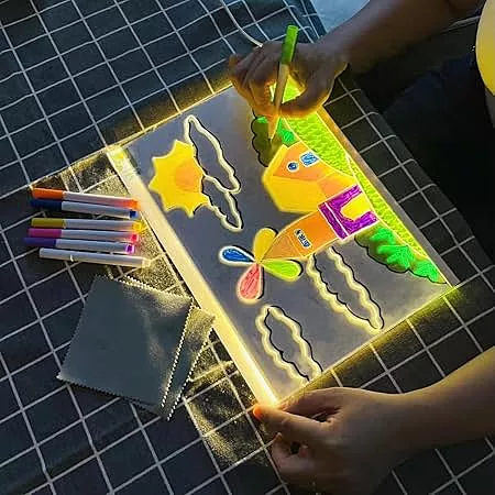 Pebblezapp LED Acrylic Writing Board with Light & 7 Pens | 8x8 in DIY 3D Rewritable Message Pad | Personalized Night Lamp & Display Board for Home, Office Desk, Kids & Gifts