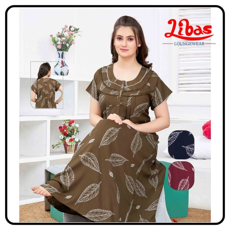 Deep Bronze Spun Cotton Nighty With Front Button Opening From Libas Loungewear - PLT272 Deep Bronze Spun Cotton Nighty With Front Button Opening From Libas Loungewear - PLT272
