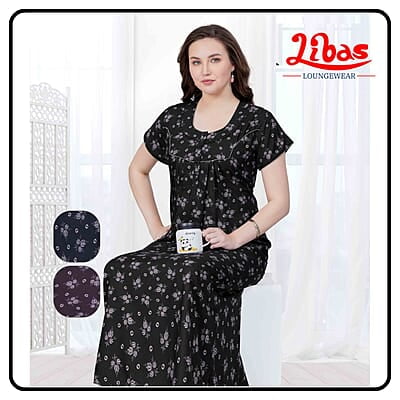Piano Black Premium Cotton Pleated Nighty With Floral Prints & Button Closure All Over From Libas Loungewear - PLT267