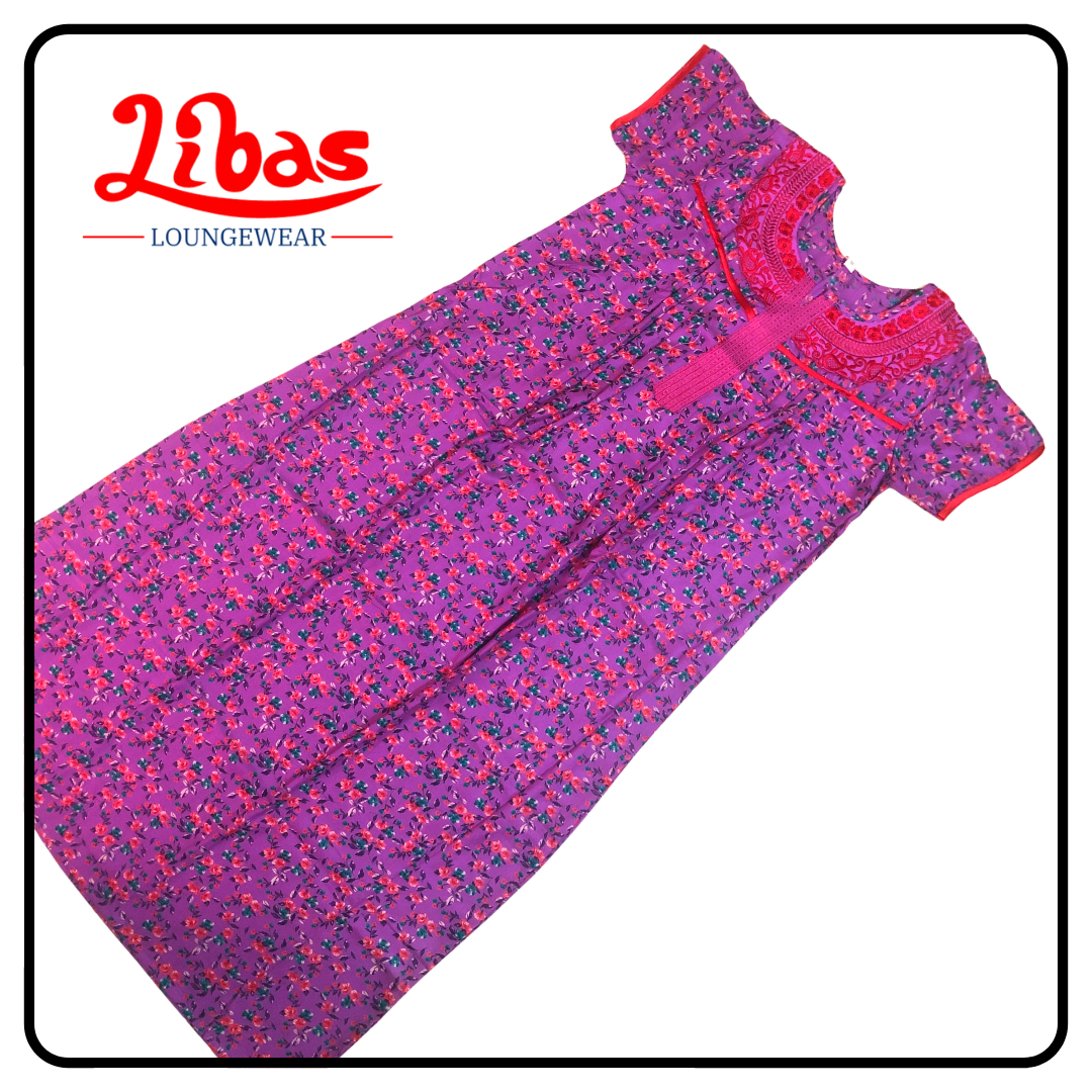 Magenta alphine pleated nighty in floral prints & embroidery work from libas loungewear-PLT021 Magenta alphine pleated nighty in floral prints & embroidery work from libas loungewear-PLT021