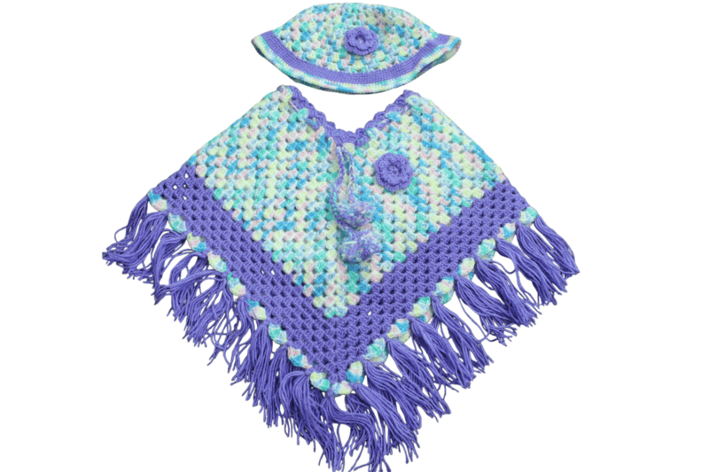 Handknitted multicolored woolen poncho with cap for kids between 6 months and 1 year || beautiful design and excellent finish and amazing crotchet work-PN2413