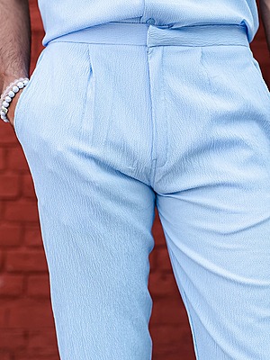 Pale Blue Popcorn Textured Straight Fit Pant
