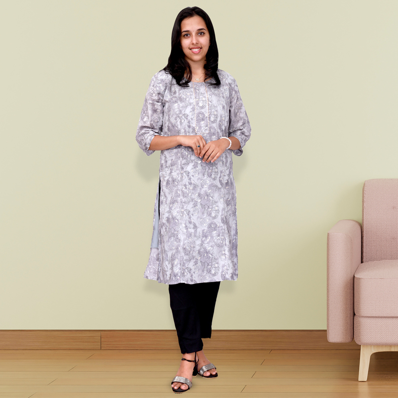 princess feeling foil printed side slit grey floral top