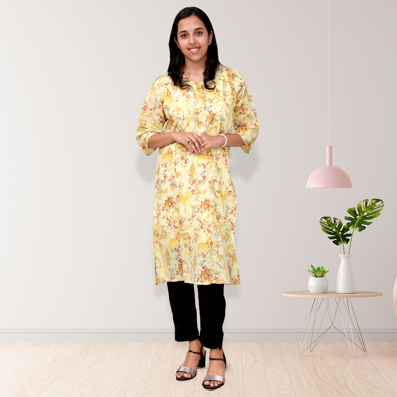 princess feeling foil printed side slit Yellow Floral Top