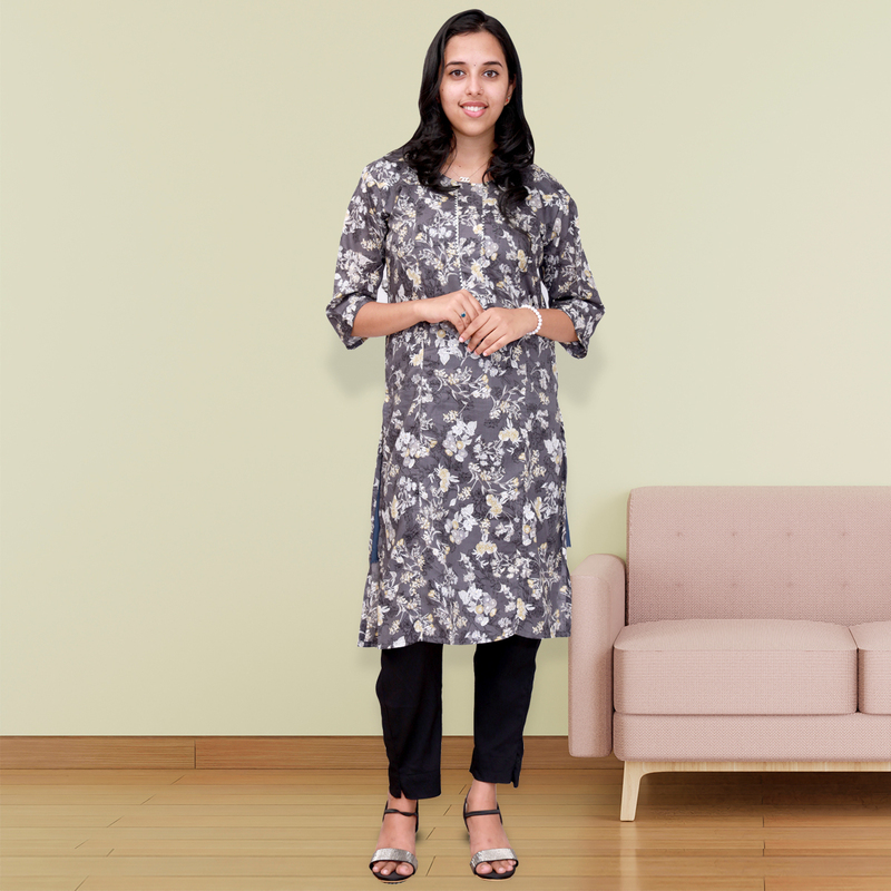 Princess feeling foil printed side slit dark grey floral top